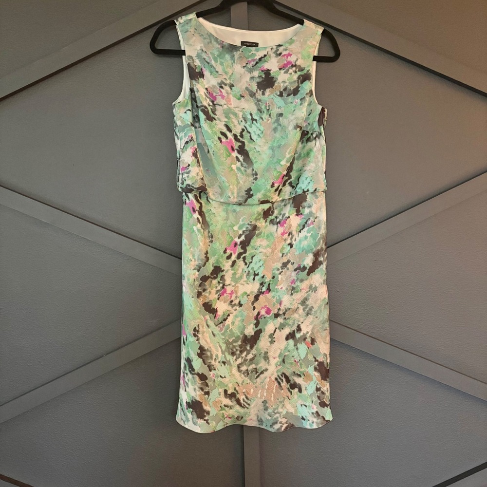 ANN TAYLOR Green Abstract Floral Watercolor Dress SIZE 2 Blouson Sheath Cottage